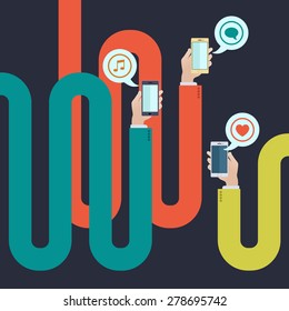 Curved long arms holding smartphones. Conceptual illustration suitable for advertising and promotion
