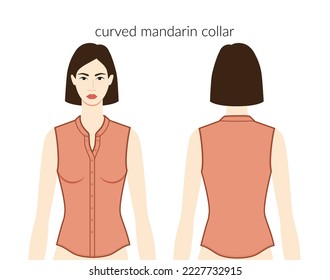 Curved mandarin neckline collars, plackets clothes character beautiful lady in terracota top, shirt, dress technical fashion illustration, fitted. Flat apparel template front, back sides. Women, men