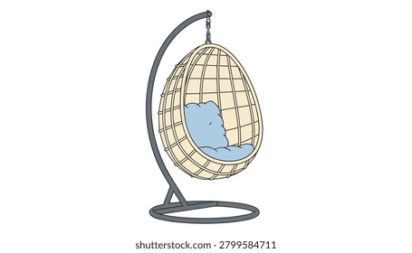 Curved metal stand supporting a hanging egg chair with a soft cushion and chain suspension mechanism for stylish apartment seating and modern room presentation.