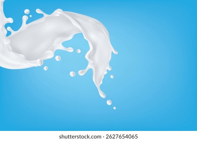Curved milk splash with soft edges on blue background, clean 3D swirl fluid design for dairy concept.