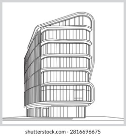 Curved Modern Office Building Architectural Line Drawing — Vector Outline Illustration of Multi-Story Glass Facade Tower