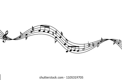 Curved music staff and notes background. Waving musical staff and music notes background.