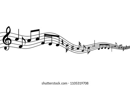 Curved music staff and notes background. Waving musical staff and music notes background.
