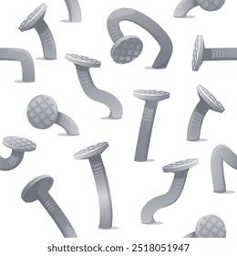 Curved nails seamless pattern. Metal crooked and hammered hobnails. Repeated print. Steel bents. Ferruginous heads. Industrial tools. Carpentry hardware. Broken fasteners