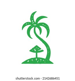 Curved natural palm tree with sun umbrella on wild island at ocean monochrome grunge texture vector illustration. Summer vacation landscape tropical exotic fauna for travel sunbathing leisure activity