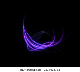 Curved neon light stripes in purple and violet shades on a black background. A vibrant stream for futuristic overlays, abstract energetic visuals or elements with a motion effect.