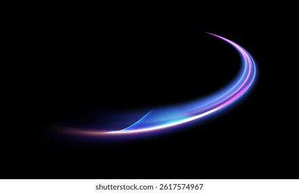 Curved neon light trail with a glowing blue and pink gradient and smooth translucent texture on a dark background. Ideal for technology visuals, UI design, or digital abstract concepts.


