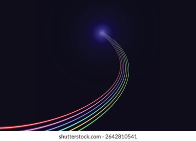 Curved neon light trail on dark background, glowing lines in multiple vibrant colors, abstract energy motion line, high contrast, futuristic tech concept