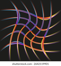 Curved neon lines. Abstract vector pattern. Black background grid. Colorful motion shape.