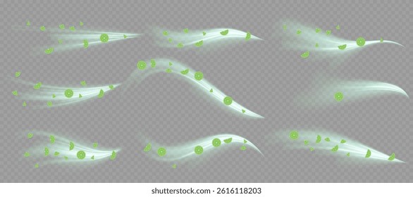 Curved neon waves rotate in high-speed light spiral. Frost wind texture moves gently in transparent swirl. Winter air streams flicker like glowing icy ribbon. Blizzard sparkles radiate cold