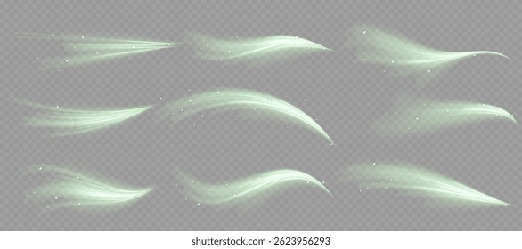 Curved neon waves rotate in high-speed light spiral. Frost wind texture moves gently in transparent swirl. Winter air streams flicker like glowing icy ribbon. Blizzard sparkles radiate cold