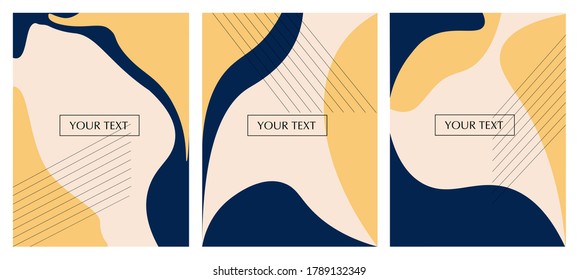 Curved objects, different shapes, three colorful bright brochures. Set of 3D banners with the inscription in the center of the composition. Modern abstract posters. Vector image