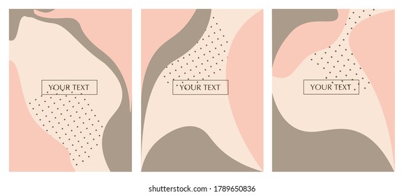 Curved objects, different shapes, three colorful bright brochures. Set of 3D banners with the inscription in the center of the composition. Modern abstract posters. Vector image