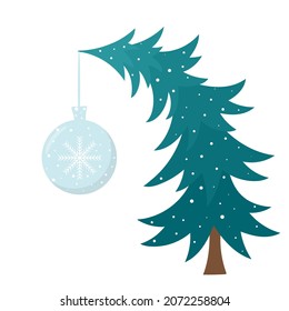 Curved oblique fir tree with Christmas ball, vector illustration. Decorated coniferous tree. Unusual New Year Spruce.