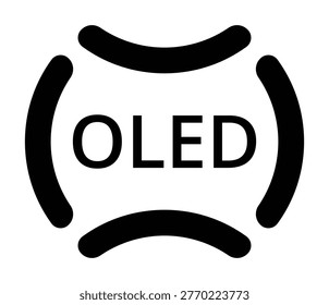 Curved oled display logo with stylized arcs and bold text design.