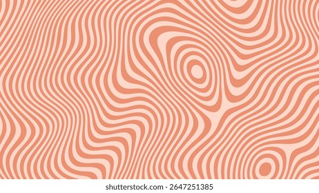 Curved orange and light orange lines creating a groovy abstract pattern. Fluid striped background for retro and modern design concepts.