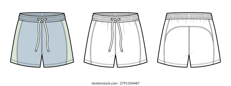 Curved Panel Track Shorts Technical Fashion Illustration. Unisex Athletic Running Shorts Vector Template. Front and Back View. Drawstring Elastic Waistband. CAD Mockup.
