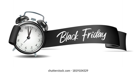 Curved paper banner ribbon with Black Friday inscription and realistic black alarm clock. Vector label template for advertising sales retail, discount or special offer. Sample for your banner