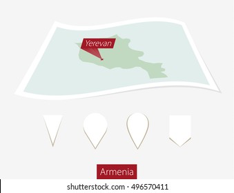 Curved paper map of Armenia with capital Yerevan on Gray Background. Four different Map pin set. Vector Illustration.