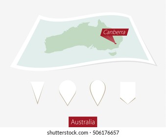 Curved paper map of Australia with capital Canberra on Gray Background. Four different Map pin set. Vector Illustration.