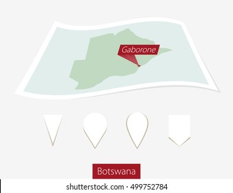 Curved paper map of Botswana with capital Gaborone on Gray Background. Four different Map pin set. Vector Illustration.