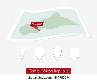 Curved paper map of Central African Republic with capital Bangui on Gray Background. Four different Map pin set. Vector Illustration.