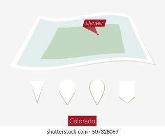 Curved paper map of Colorado state with capital Denver on Gray Background. Four different Map pin set. Vector Illustration.