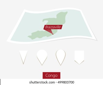 Curved paper map of Congo with capital Brazzaville on Gray Background. Four different Map pin set. Vector Illustration.