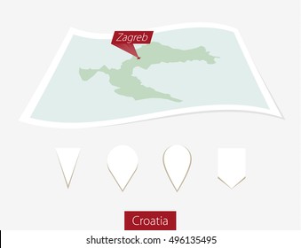 Curved paper map of Croatia with capital Zagreb on Gray Background. Four different Map pin set. Vector Illustration.
