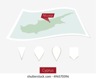 Curved paper map of Cyprus with capital Nicosia on Gray Background. Four different Map pin set. Vector Illustration.