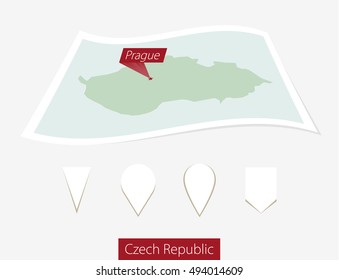 Curved paper map of Czech Republic with capital Prague on Gray Background. Four different Map pin set. Vector Illustration.