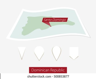 Curved paper map of Dominican Republic with capital Santo Domingo on Gray Background. Four different Map pin set. Vector Illustration.