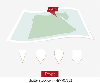 Curved paper map of Egypt with capital Cairo on Gray Background. Four different Map pin set. Vector Illustration.