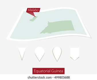 Curved paper map of Equatorial Guinea with capital Malabo on Gray Background. Four different Map pin set. Vector Illustration.