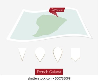Curved paper map of French Guiana with capital Cayenne on Gray Background. Four different Map pin set. Vector Illustration.