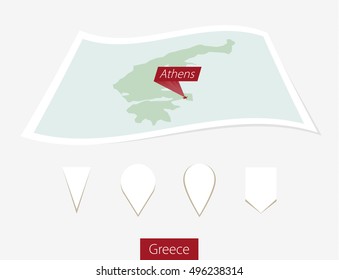 Curved paper map of Greece with capital Athens on Gray Background. Four different Map pin set. Vector Illustration.