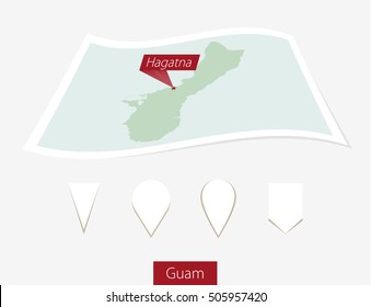 Curved paper map of Guam with capital Hagatna on Gray Background. Four different Map pin set. Vector Illustration.