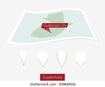 Curved paper map of Guatemala with capital Guatemala City on Gray Background. Four different Map pin set. Vector Illustration.