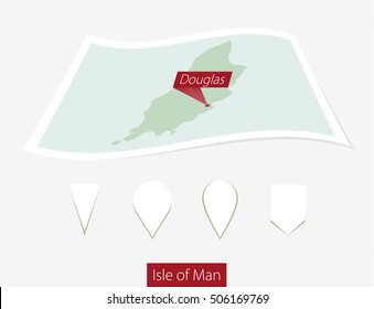 Curved paper map of Isle of Man with capital Douglas on Gray Background. Four different Map pin set. Vector Illustration.