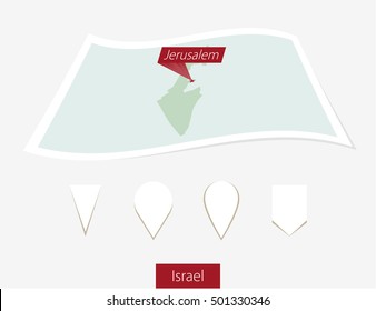 Curved paper map of Israel with capital Jerusalem on Gray Background. Four different Map pin set. Vector Illustration.