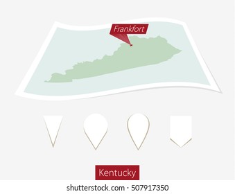 Curved paper map of Kentucky state with capital Frankfort on Gray Background. Four different Map pin set. Vector Illustration.