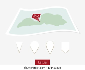 Curved paper map of Latvia with capital Riga on Gray Background. Four different Map pin set. Vector Illustration.