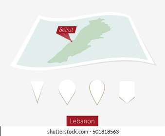 Curved paper map of Lebanon with capital Beirut on Gray Background. Four different Map pin set. Vector Illustration.