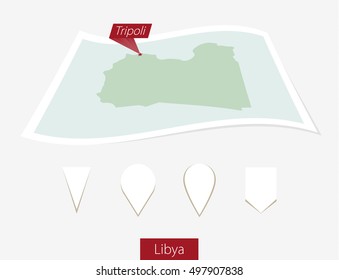 Curved paper map of Libya with capital Tripoli on Gray Background. Four different Map pin set. Vector Illustration.