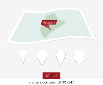 Curved paper map of Maine state with capital Augusta on Gray Background. Four different Map pin set. Vector Illustration.