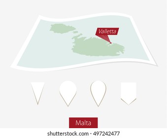 Curved paper map of Malta with capital Valletta on Gray Background. Four different Map pin set. Vector Illustration.