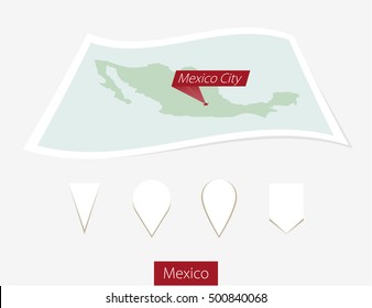 Curved paper map of Mexico with capital Mexico City on Gray Background. Four different Map pin set. Vector Illustration.