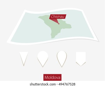 Curved paper map of Moldova with capital Chisinau on Gray Background. Four different Map pin set. Vector Illustration.