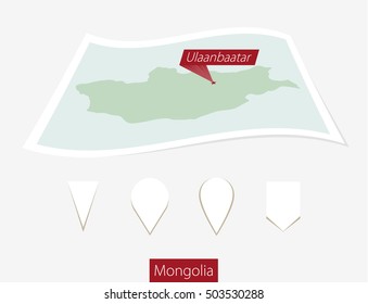 Curved paper map of Mongolia with capital Ulaanbaatar on Gray Background. Four different Map pin set. Vector Illustration.