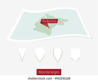 Curved paper map of Montenegro with capital Podgorica on Gray Background. Four different Map pin set. Vector Illustration.